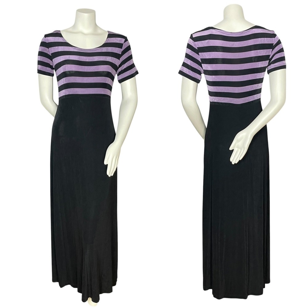 Vintage Slinky Dress 90s Stripes Empire Waist Short Sleeves Stretchy Maxi Retro